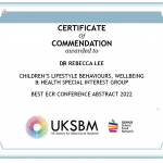 A screenshot of a certificate of commendation for Best ECR Conference Abstract 2022 in the children's lifestyle behaviours, wellbeing and health special interest group at UKSBM.